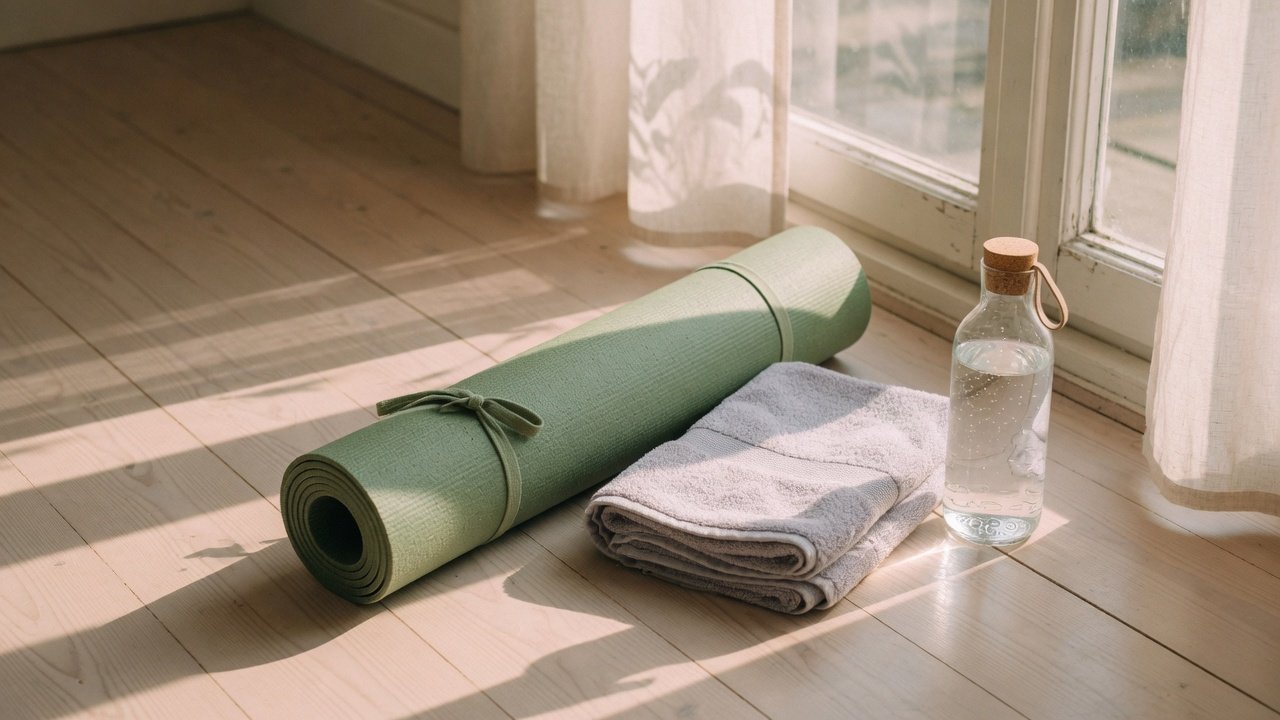 Rolled green yoga mat, folded towel and glass water bottle on a sunlit wooden floor