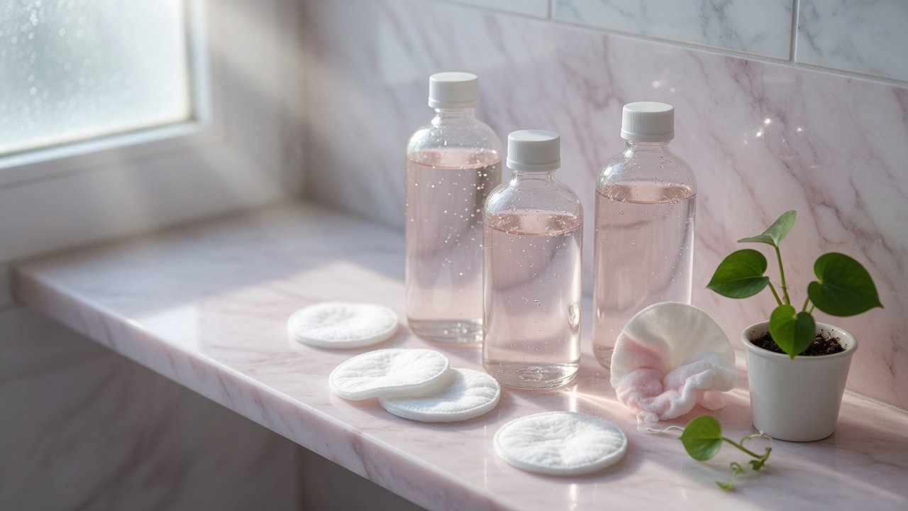 Three clear glass toner bottles with cotton pads on a pale pink marble bathroom shelf