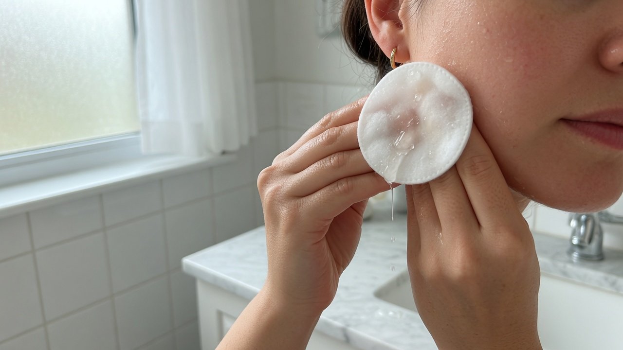 Hands pressing a toner-soaked cotton pad to a cheek in a bright bathroom