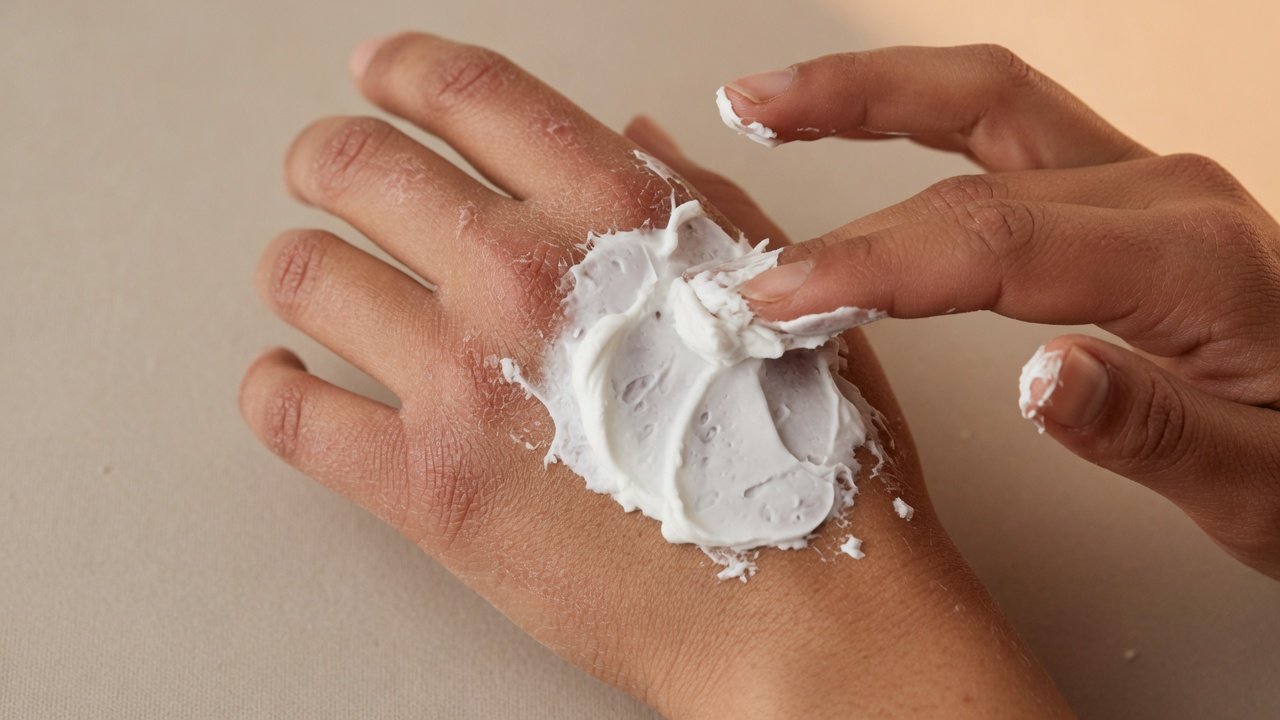 Hands applying thick white cream to the back of a dry hand