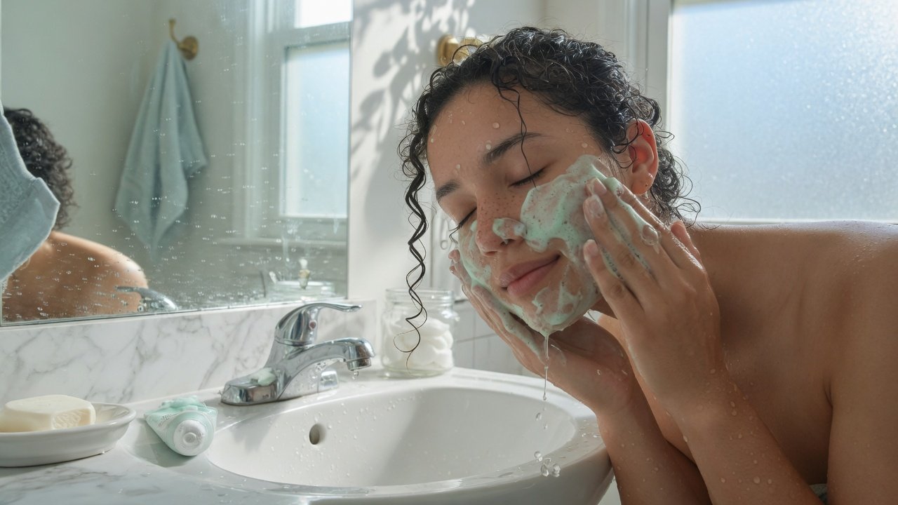 Young adult washing their face with gentle foam using fingertips in a bright bathroom