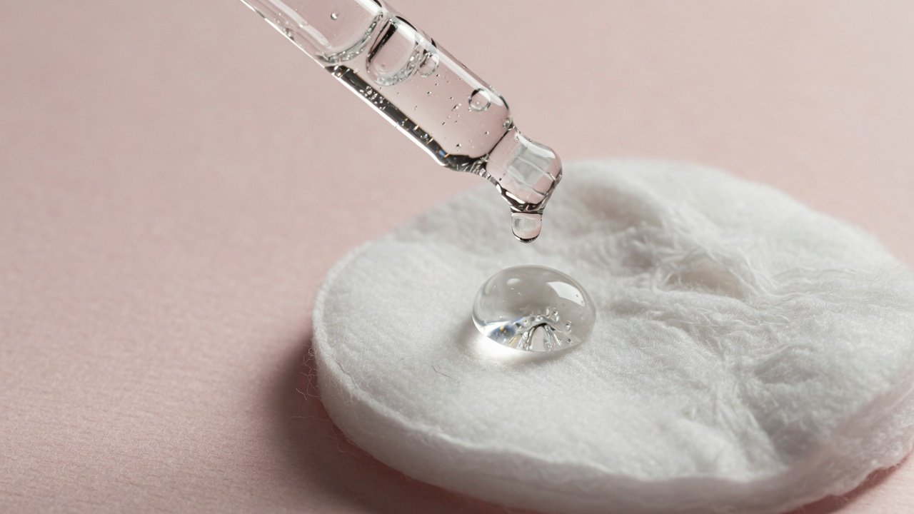 Glass dropper releasing a drop of clear liquid onto a white cotton pad on a pink background
