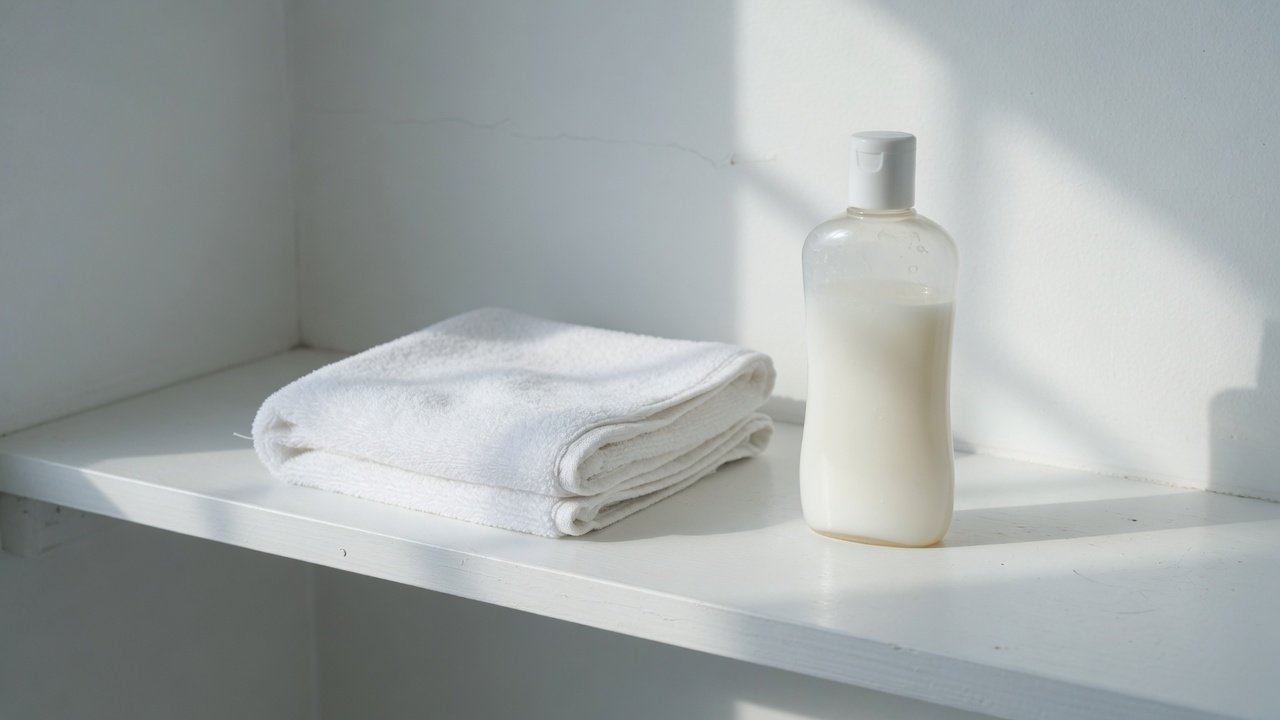 Minimal white bathroom shelf with a folded towel and one unlabeled sunscreen bottle