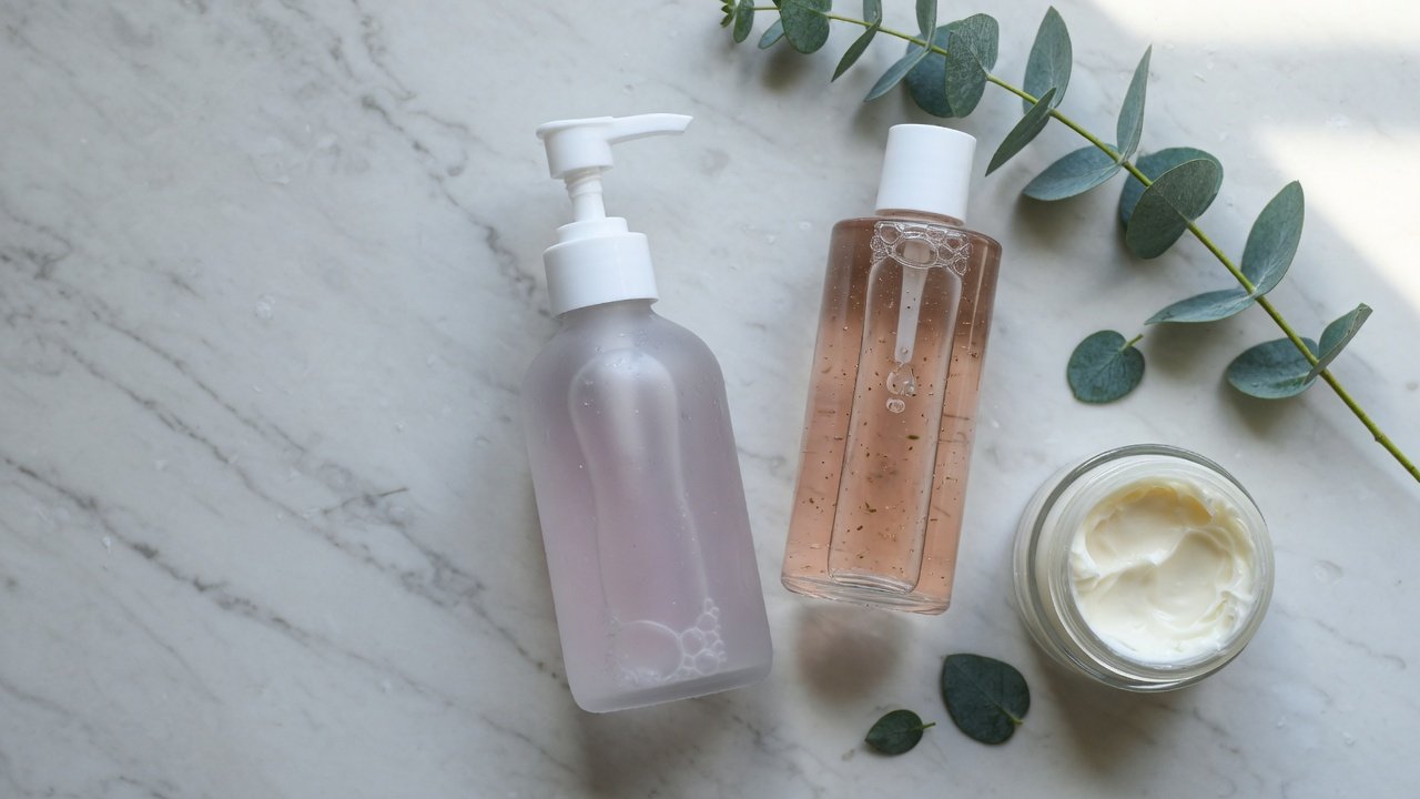 Cleanser pump bottle, toner bottle and cream jar laid out on white marble with eucalyptus